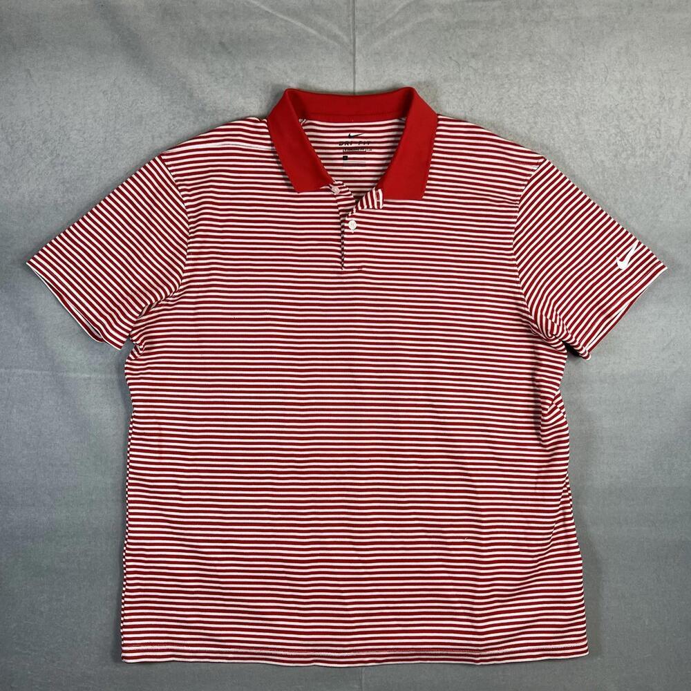 Nike Polo Shirt Mens XL Red White Striped Dri Fit Standard Performance Knit - Picture 1 of 7